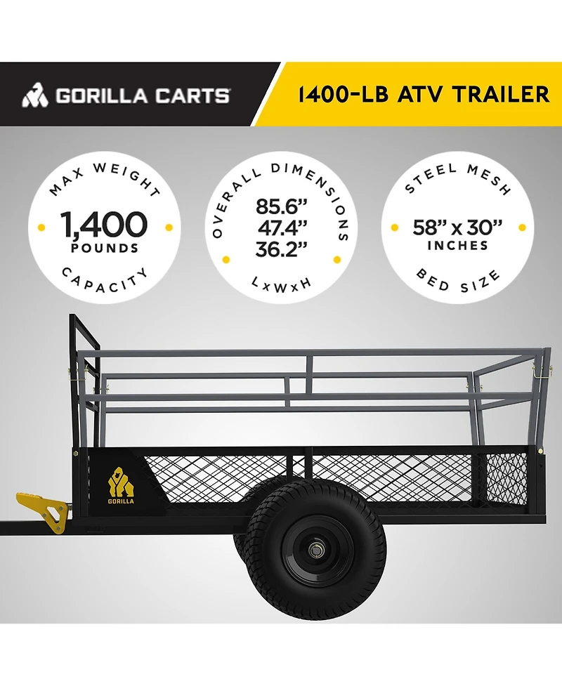 Gorilla Carts 1400lb Steel Atv Trailer Garden Cart w/Removable Sides & 3-in-1 Tailgate