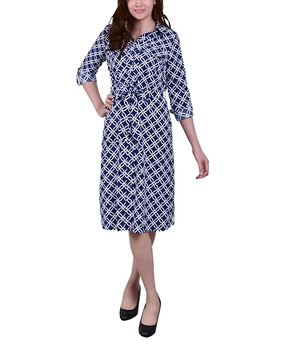 Ny Collection Petite Geometric Printed Long Sleeve Roll Tab Shirtdress
