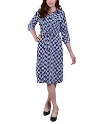 Ny Collection Petite Geometric Printed Long Sleeve Roll Tab Shirtdress