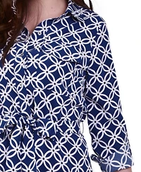Ny Collection Petite Geometric Printed Long Sleeve Roll Tab Shirtdress