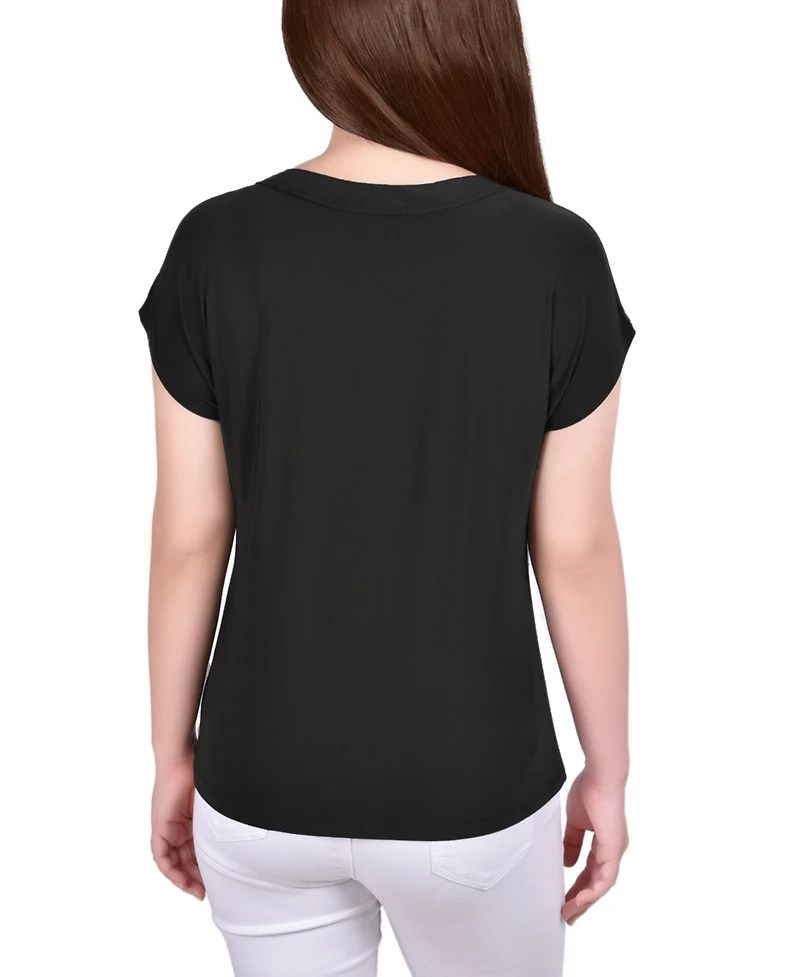 Ny Collection Petite Short Extended-Sleeve Grommet Neck Knit Top
