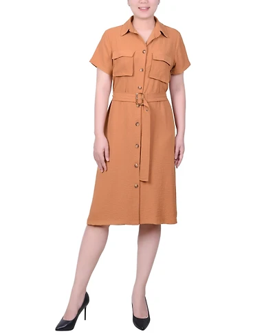 Ny Collection Petite Short Sleeve Belted Shirtdress