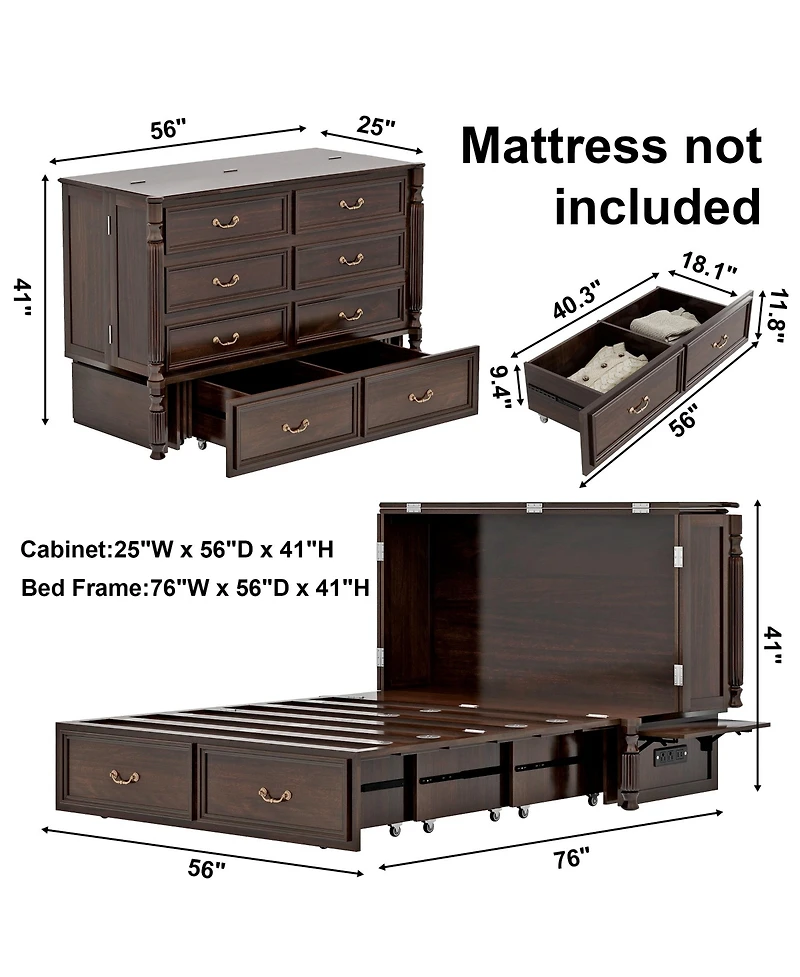 Livelylodge Murphy Bed Cabinet with Drawer Includes Storage Cabinet, Murphy Bed Twin Suit for Home Office or Small Room, Murphy Bed Full with Charging