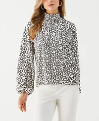 Ella Rafaella Women's Geo Print Smocked Neck Long Sleeve Top