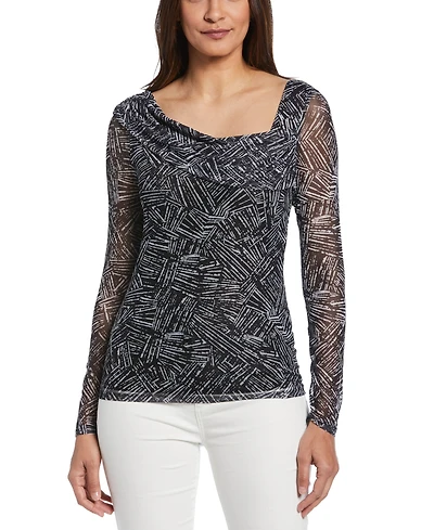 Ella Rafaella Women's Printed Asymmetrical Mesh Top