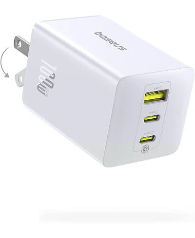 Baseus 100W Usb C Charger Block, 3-Port Foldable Compact Pps Wall Charger, Fast Charging Power Adapter White