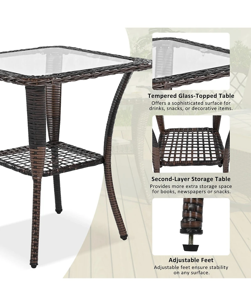 Flynama 3-piece Outdoor Chair&Table Set Chat Set 2-person Rattan Seating Group with Two Swiveling and Rocking Chairs and a Square Table for Garden, Pa