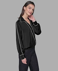Karl Lagerfeld Paris Petite Long Sleeve Crossover Woven Blouse