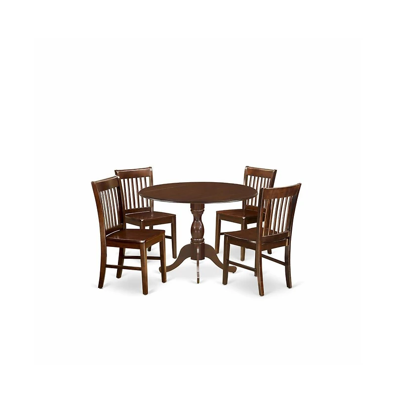 East West Furniture 5 Pc Dining Room Table Set - Mahogany Dropleaf Dining Table and 4 Mahogany Dining Chairs with Slatted Back - Mahogany Finish