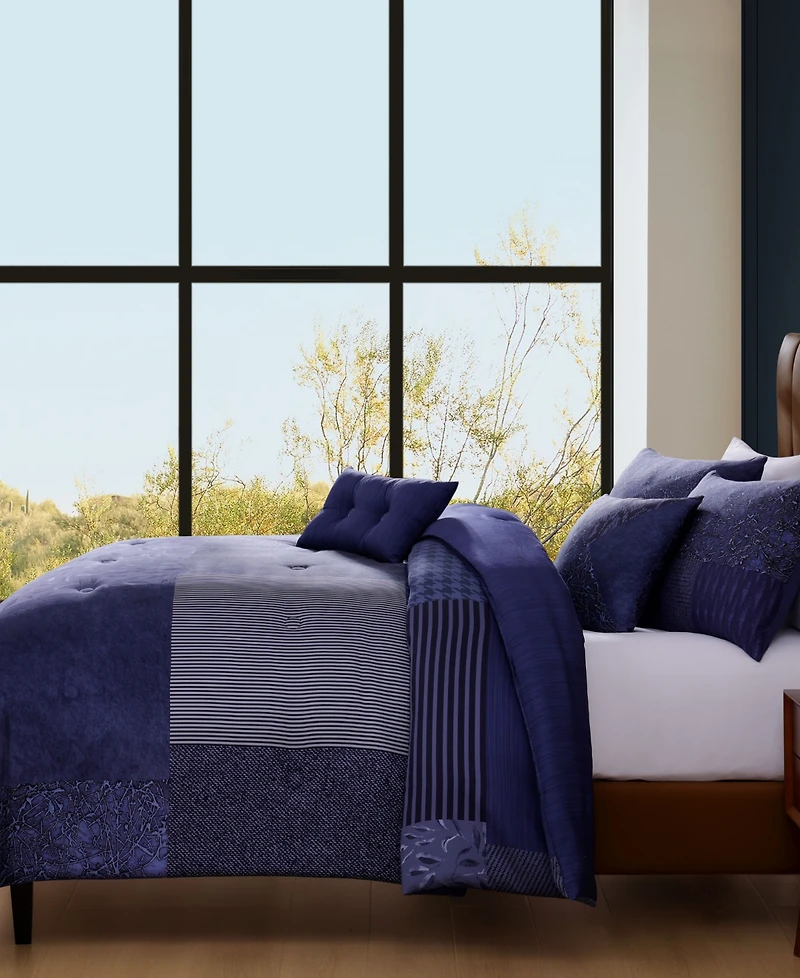 Bebejan Blue Denim Patchwork Bedding 100% Cotton Sateen 5 Piece Queen Size Reversible Comforter Set