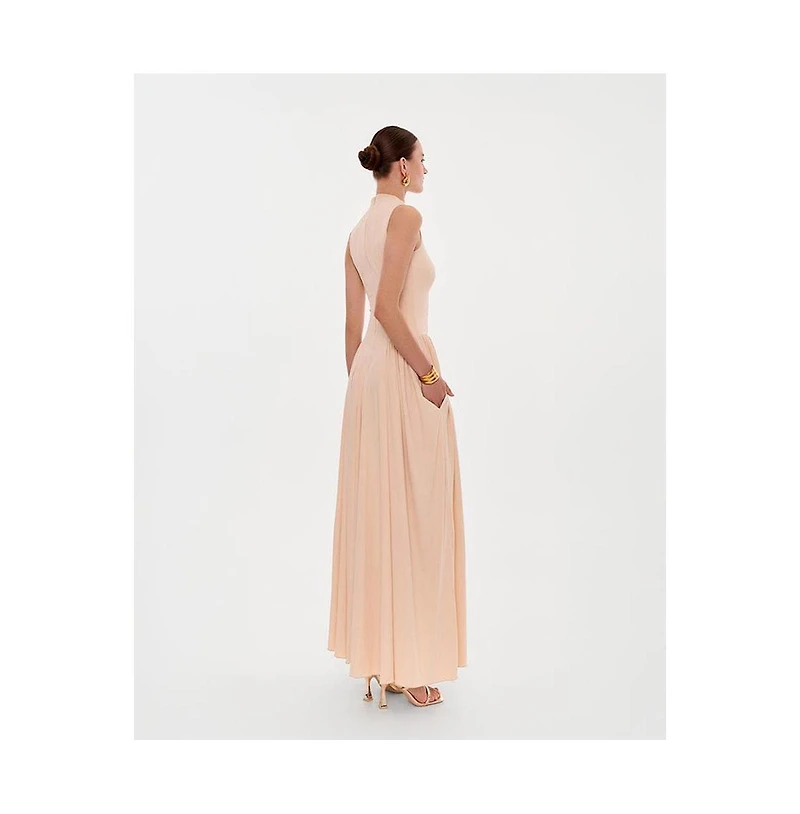 Milla Womens Nude Sleeveless Mock Neck Dress with a Pleated Maxi Skirt