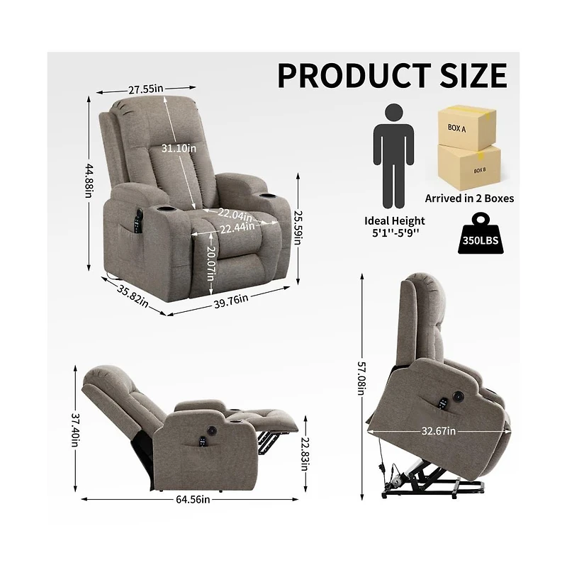 Power Lift Recliner Chair with Heat & Massage, Usb Port Cup Holders, Grey Electric Massage for Seniors-Maison Boucle