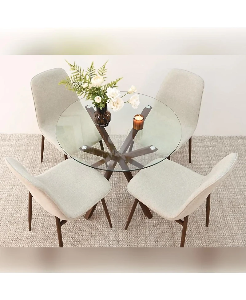 5-Piece Round Glass Dining Table Set for 4, Modern with Upholstered Fabric Chairs and Walnut Metal Legs-Maison Boucle