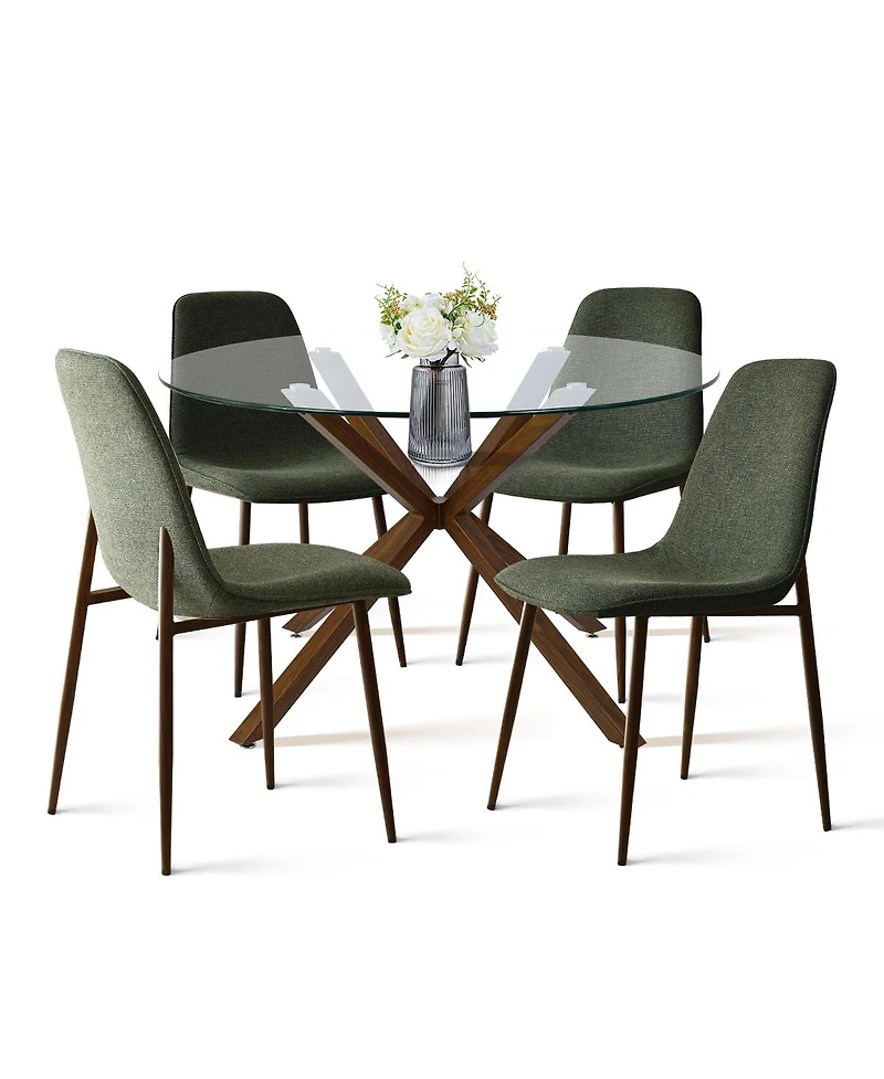 5-Piece Round Glass Dining Table Set for 4, Modern with Upholstered Fabric Chairs and Walnut Metal Legs-Maison Boucle