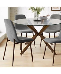 5-Piece Round Glass Dining Table Set for 4, Modern with Upholstered Fabric Chairs and Walnut Metal Legs-Maison Boucle
