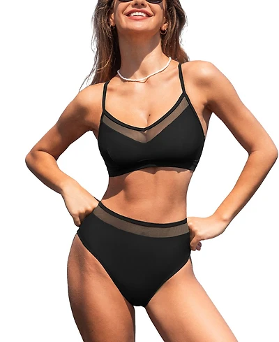 Cupshe Women's V-Neck Mesh Crisscross Back Bikini Set