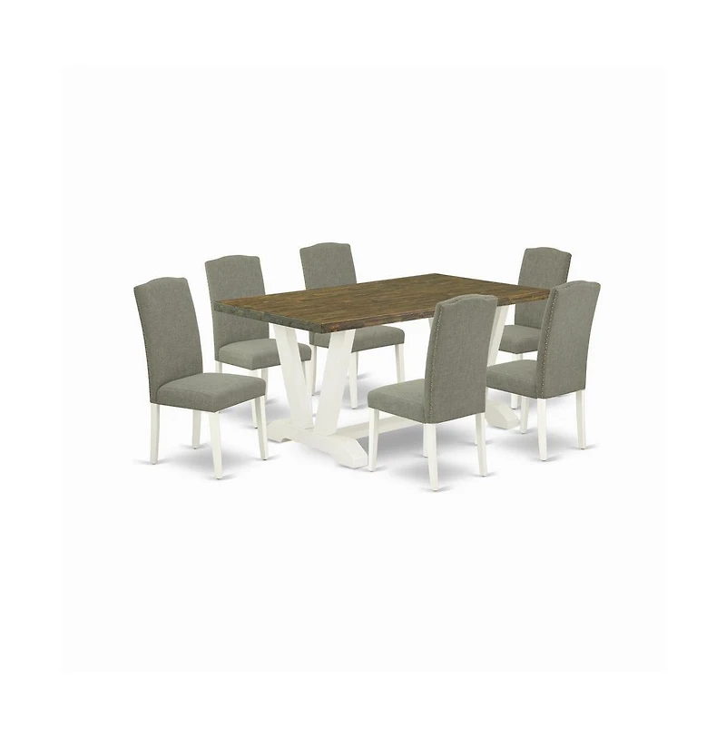 East West Furniture 7-Piece Fashionable Dining Set a Great Distressed Jacobean Kitchen Table Top and 6 Attractive Linen Fabric Dining Room Chairs with