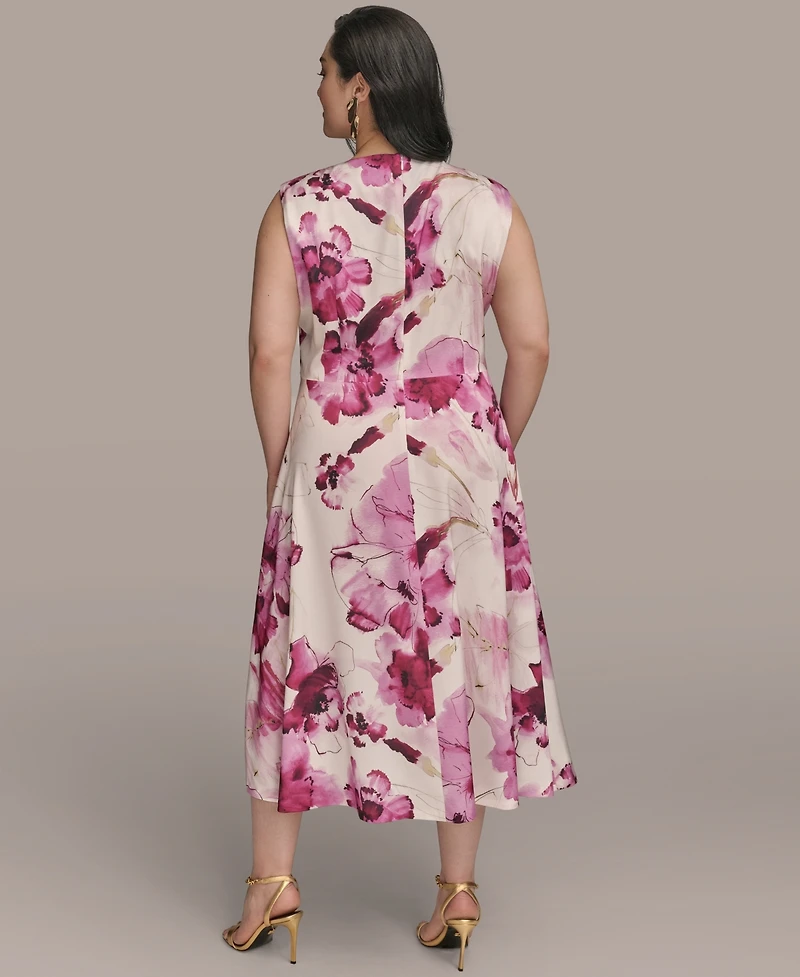 Donna Karan New York Women's Ribbed Knot Printed Midi A-Line Dress