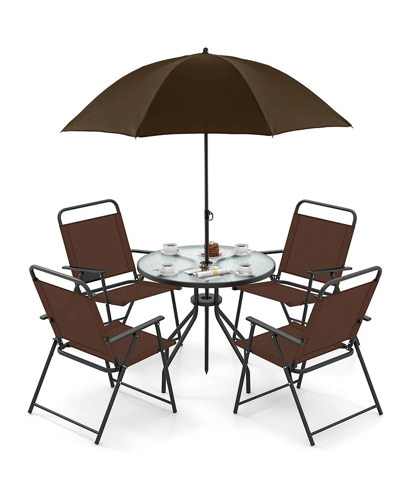 Gymax 6 Pcs Patio Dining Set w/ Umbrella 4 Folding Patio Chairs w/ Round Tempered Glass Table