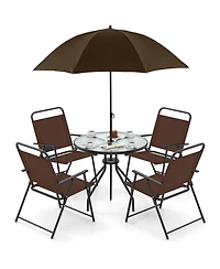 Gymax 6 Pcs Patio Dining Set w/ Umbrella 4 Folding Patio Chairs w/ Round Tempered Glass Table