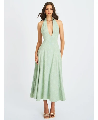 Miss Circle Women Magda Mint Green Deep V Neck Halter A-line Midi Dress