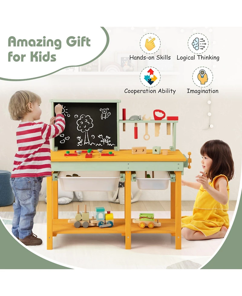Akiudex Wooden Kids Workbench Toy with Tools, Blackboard, and Storage for Ages 3–8