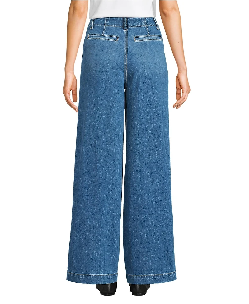 Lands' End Women's Soft Denim High Rise Wide Leg Top Stitch Trousers