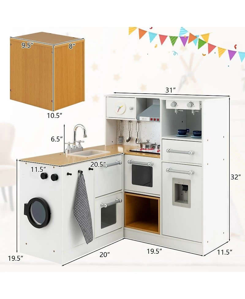 Akiudex Kids 2-Piece Pretend Kitchen and Laundry Play Set with Lights and Sounds