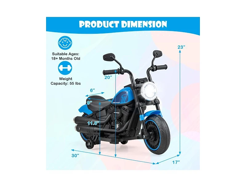Akiudex 6V Kids Ride-On Motorcycle with Training Wheels and Music