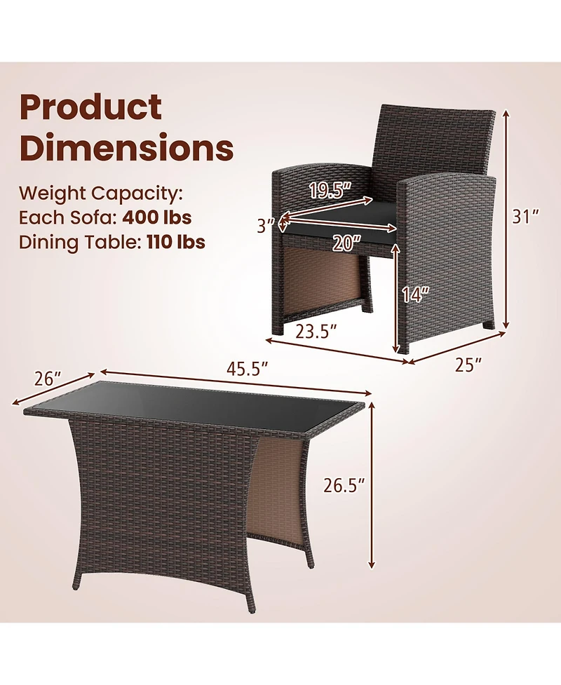 Gymax 3 Piece Patio Wicker Dining Set 2 Rattan Chairs w/ Rectangle Tempered Glass Dining Table