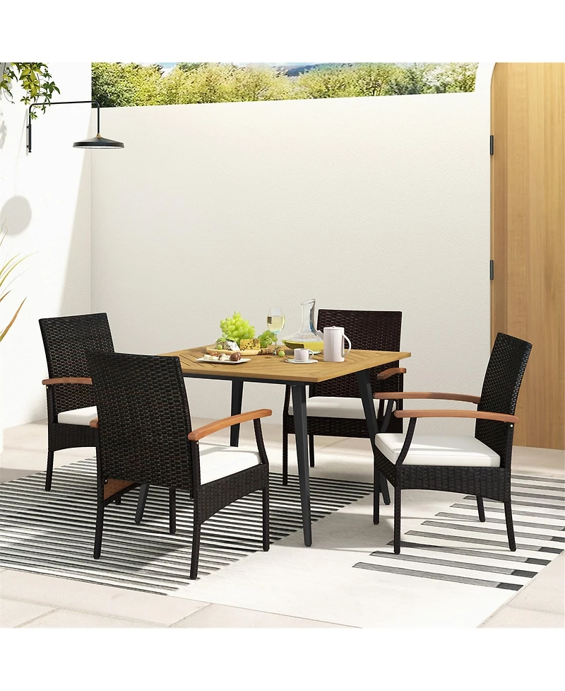 Gymax 5PCS Patio Pe Wicker Dining Set Table and Chairs w/ Cushions 1.9'' Umbrella Hole