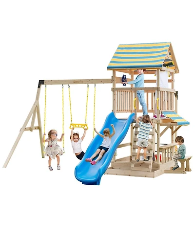 Costway Backyard Wooden Swing Set Slide Playset for Kids Outdoor Climbing Wall Sandpit
