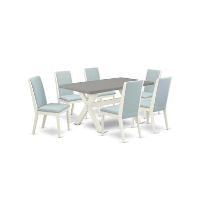 East West Furniture 7Pc Modern Dining Table Set Includes a Dinette Table and 6 Parson Chairs with Baby Blue Color Linen Fabric, Medium Size Table with