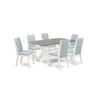 East West Furniture 7Pc Modern Dining Table Set Includes a Dinette Table and 6 Parson Chairs with Baby Blue Color Linen Fabric, Medium Size Table with