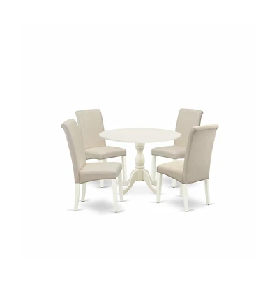 East West Furniture 5 Piece Dining Room Set Consists of 1 Drop Leaves Dining Table and 4 Cream Linen Fabric Dining Chair with High Back