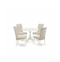 East West Furniture 5 Piece Dining Room Set Consists of 1 Drop Leaves Dining Table and 4 Cream Linen Fabric Dining Chair with High Back