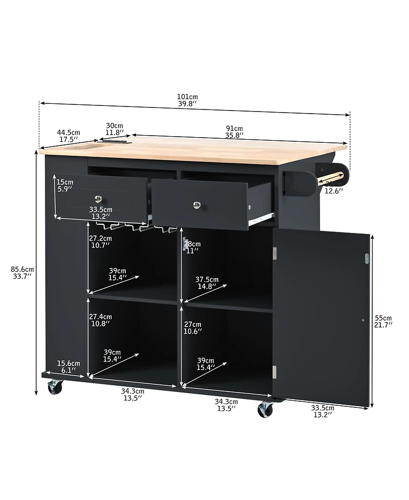 Casainc Kitchen Island with Drop Leaf, Power Outlet, Rubber Wood Top, Rack, Open Storage, Adjustable Shelves (No Stools)
