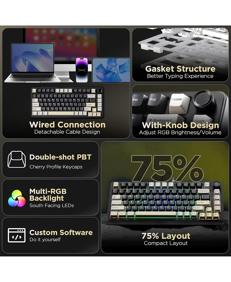 Yunzii B75 Mechanical Keyboard,75% Layout with Knob,Hot Swappable Rgb Backlit Gasket Mounted,Creamy Typing,Double-Shot Pbt Keycaps,Cherry Profile,for