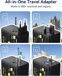 Baseus 70W Universal Travel Adapter with Retractable Cable, 6-in-1 International Plug Adapter, Usb-c Pd Fast Charging Worldwide Wall Charger