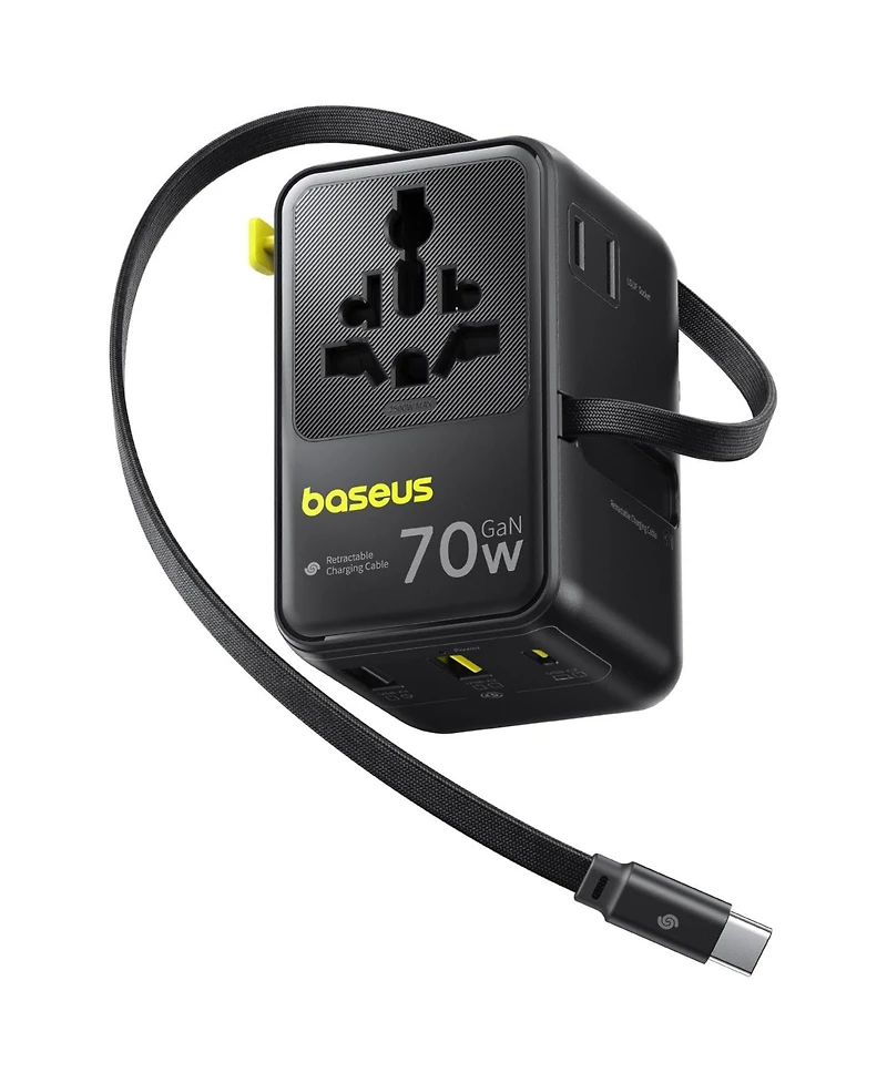 Baseus 70W Universal Travel Adapter with Retractable Cable, 6-in-1 International Plug Adapter, Usb-c Pd Fast Charging Worldwide Wall Charger