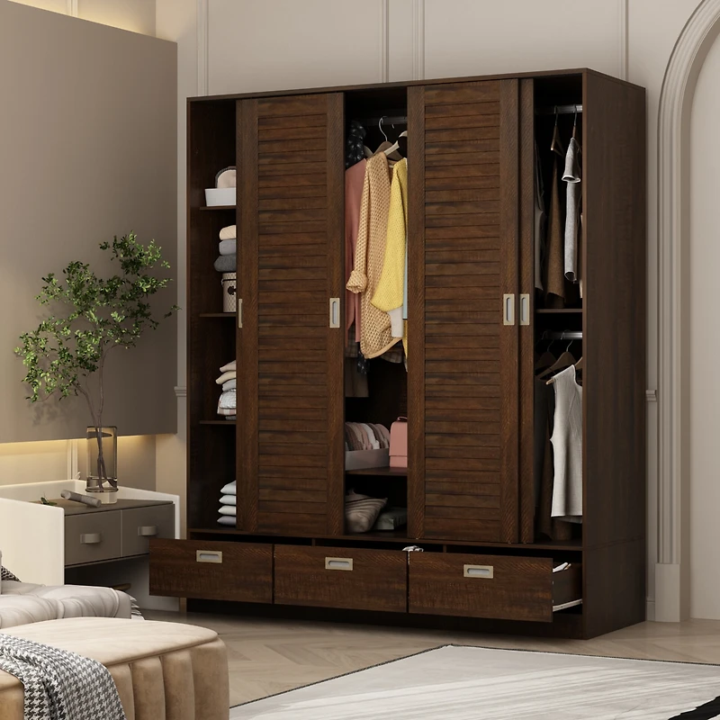 Homsee Brown wood grain 4 doors 3 sliding doors wardrobe, bedroom Armoire, Closet