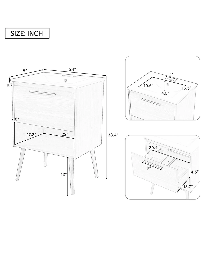 Casainc 24" Bathroom Vanity with Sink, Natural Mdf Cabinet with Drawer