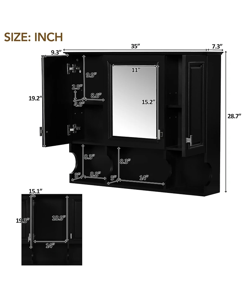 Casainc 35" x 28" Wall Mounted Mirror Medicine Cabinet with Open Shelves, Modern Bathroom Storage