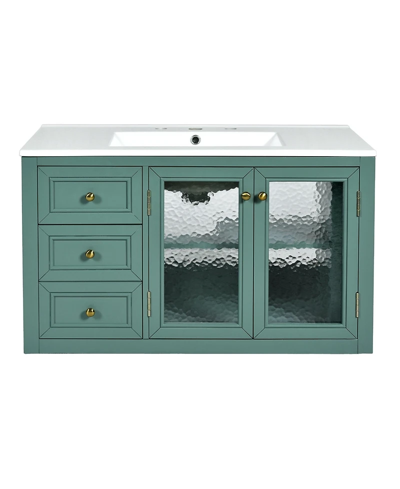 Casainc 36" Wall Mounted Bathroom Vanity with Ceramic Sink and 3 Drawers, Solid Wood Frame