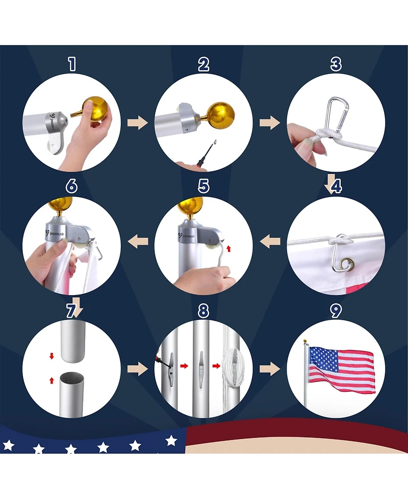 Yescom Bravery 13Gauge Heavy Duty Flag Pole Kit with Solar Light 30Ft High Wind Flagpoles for Outside House In Ground