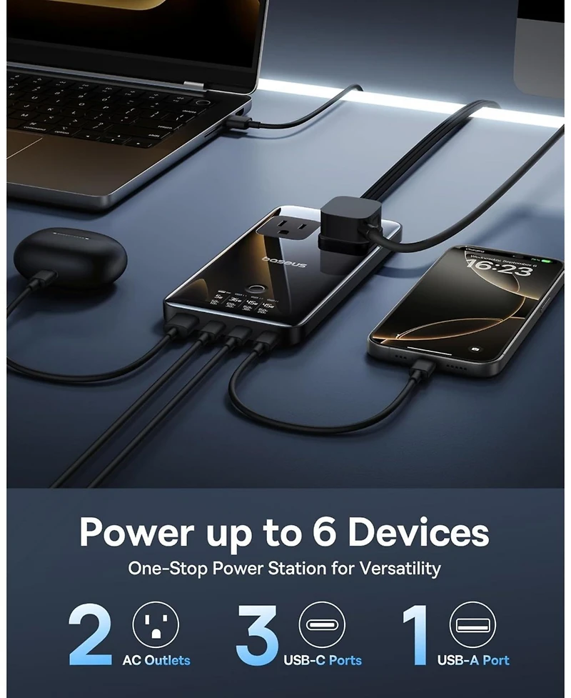 Baseus Blade Charging Station 140W, 6-in-1 Compact Usb C Power Strip with 5ft Detachable Flat Extension Cord, Digital Display, Slim Fast Desktop Charg