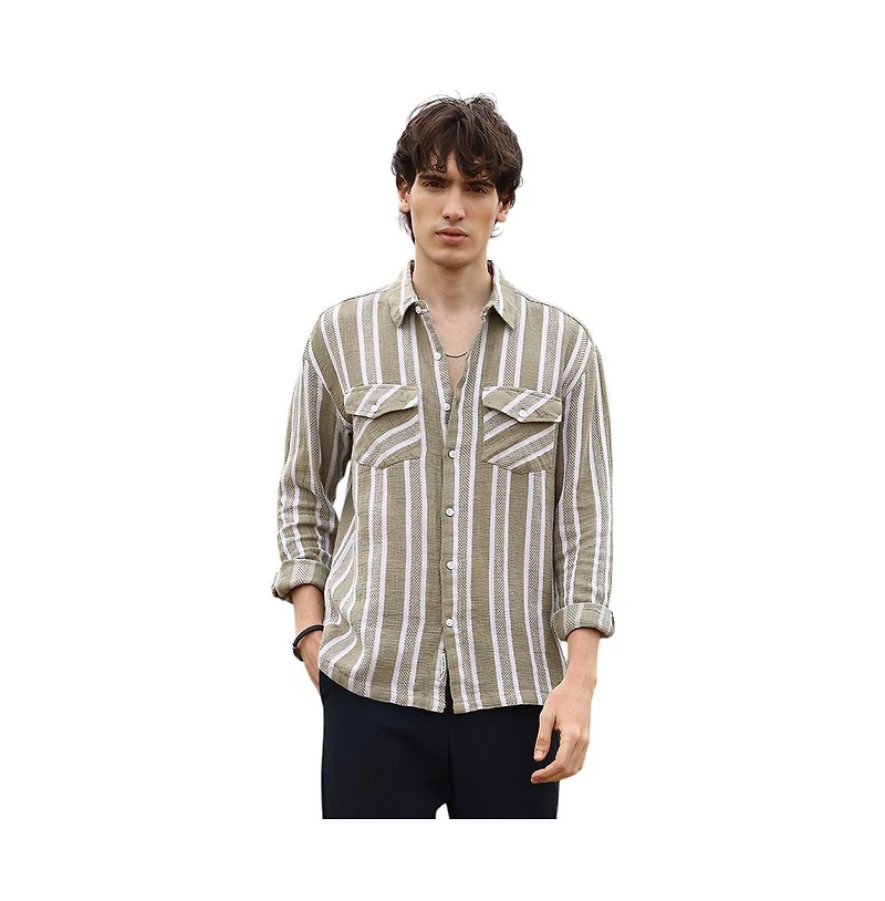 Campus Sutra Men's Peanut Brown & Off-White Utility Halo-Stripe Oversized Shirt