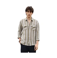 Campus Sutra Men's Peanut Brown & Off-White Utility Halo-Stripe Oversized Shirt