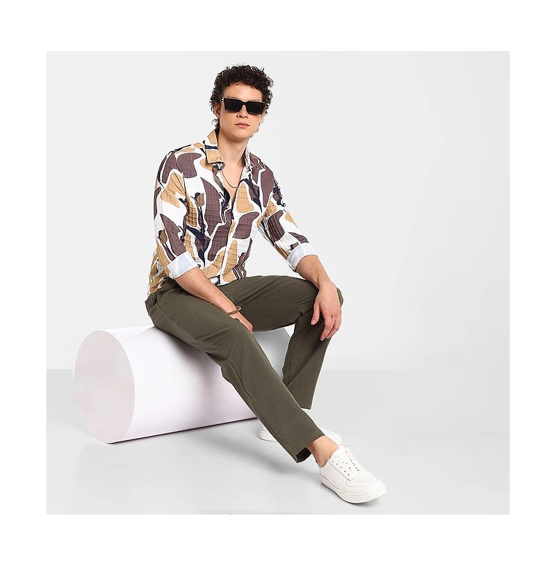 Campus Sutra Men's Taupe Brown & Beige Abstract Tulip Shirt