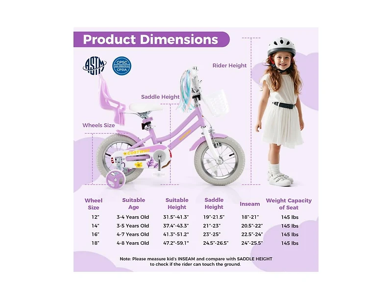 Akiudex Kids Bike with Basket and Doll Seat for Girls Ages 3 to 8
